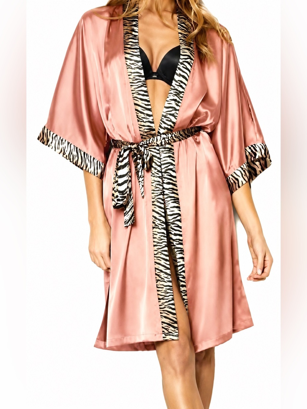 Victoria’s Secret Satin Kimono Robe Animal Print Zebra Trim Medium Large NWT New